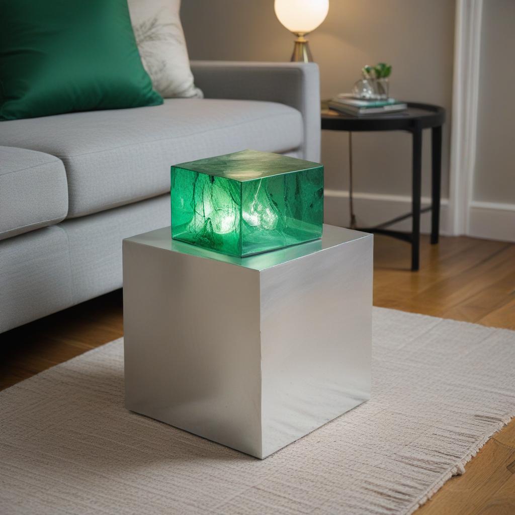 20cm by 20cm silver solid cube with no opening glows with an ominous green shade sits atop a coffee table in the living room