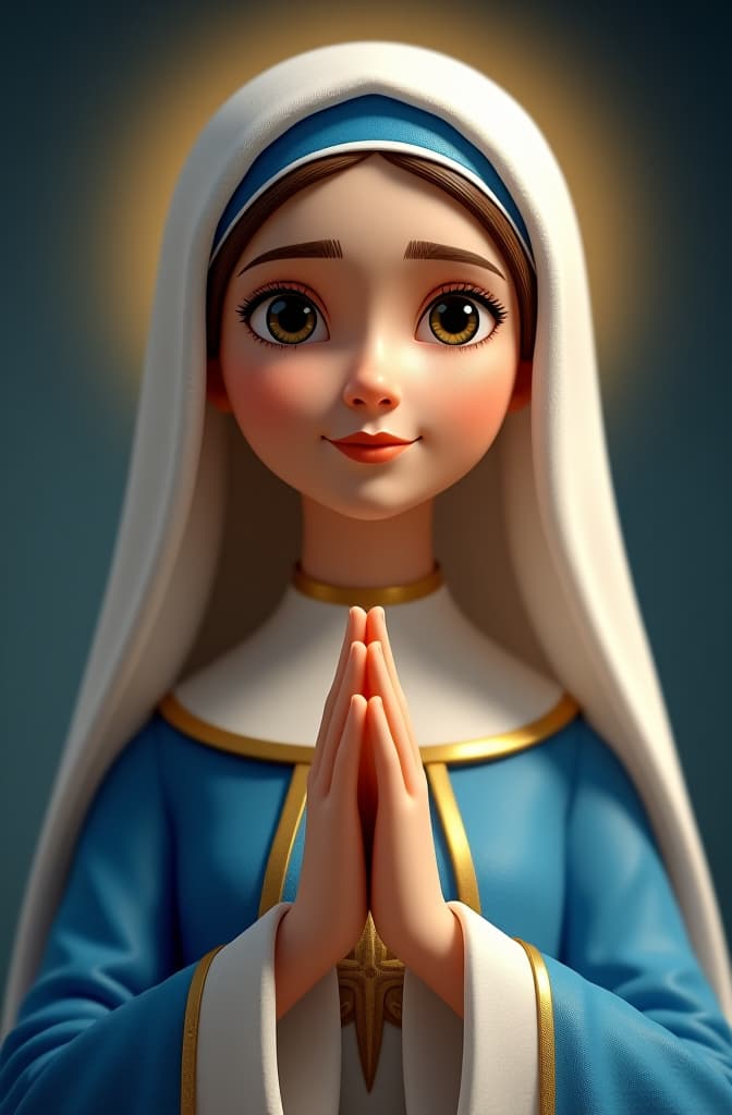  mujer católica santa como una virgen, con mantos en azul y blanco como la virgen de fátima, disney pixar poster, pixar movie style, animated disney cartoon face, disney face, portrait, cute face, round face, cartoon character, disney character, disney animated movies, disney pixar hyperrealistic, full body, detailed clothing, highly detailed, cinematic lighting, stunningly beautiful, intricate, sharp focus, f/1. 8, 85mm, (centered image composition), (professionally color graded), ((bright soft diffused light)), volumetric fog, trending on instagram, trending on tumblr, HDR 4K, 8K