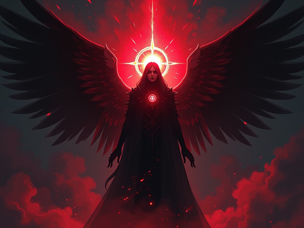  luminous soul, surrounded by dark shadows, emitting radiant light, atmosphere of emergence and transcendence. the style is digital art illustration / modern comic book / graphic dark novel fantasy and mysterious occult, symbolic, moody lighting, esoteric vibe,high detail on character design. for the color scheme emphasize blacks and reds.