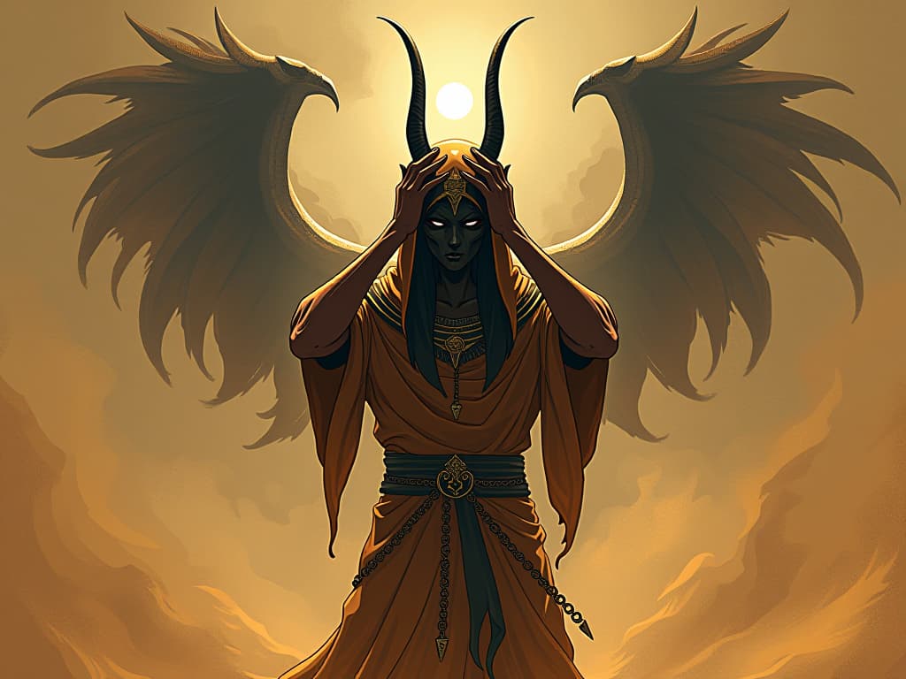  a figure in tattered royal egyptian robes, holding their head in anguish, surrounded by swirling sands, with the looming shadow of anubis behind them, his presence imposing, representing internal conflict and self awareness. the style is digital art illustration / modern comic book / mysterious occult, symbolic, esoteric vibe,high detail on character design, incorporating ancient egyptian symbology and attire.