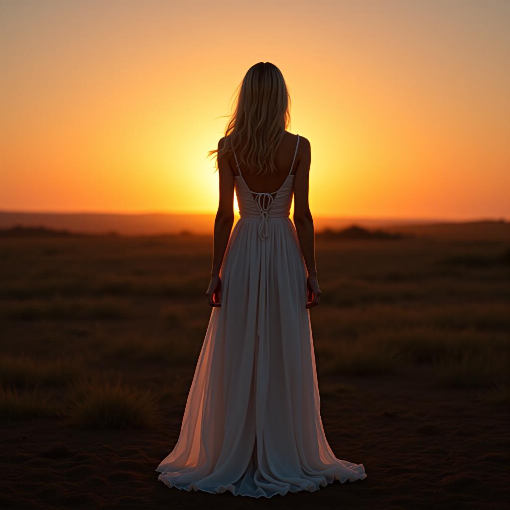  "a blonde girl stands against the sunset in a long dress, facing away from the camera."