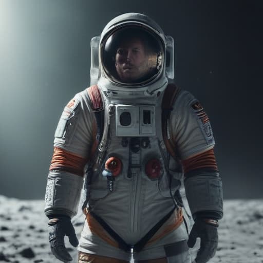 man on the moon hyperrealistic, full body, detailed clothing, highly detailed, cinematic lighting, stunningly beautiful, intricate, sharp focus, f/1. 8, 85mm, (centered image composition), (professionally color graded), ((bright soft diffused light)), volumetric fog, trending on instagram, trending on tumblr, HDR 4K, 8K