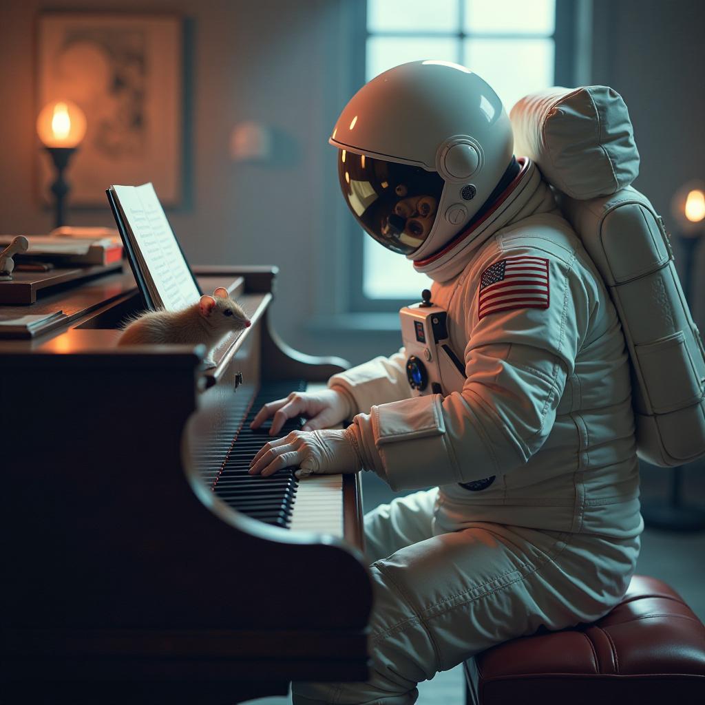  piano, mouse, astronaut exploring, installation art, s curve angle hyperrealistic, full body, detailed clothing, highly detailed, cinematic lighting, stunningly beautiful, intricate, sharp focus, f/1. 8, 85mm, (centered image composition), (professionally color graded), ((bright soft diffused light)), volumetric fog, trending on instagram, trending on tumblr, HDR 4K, 8K