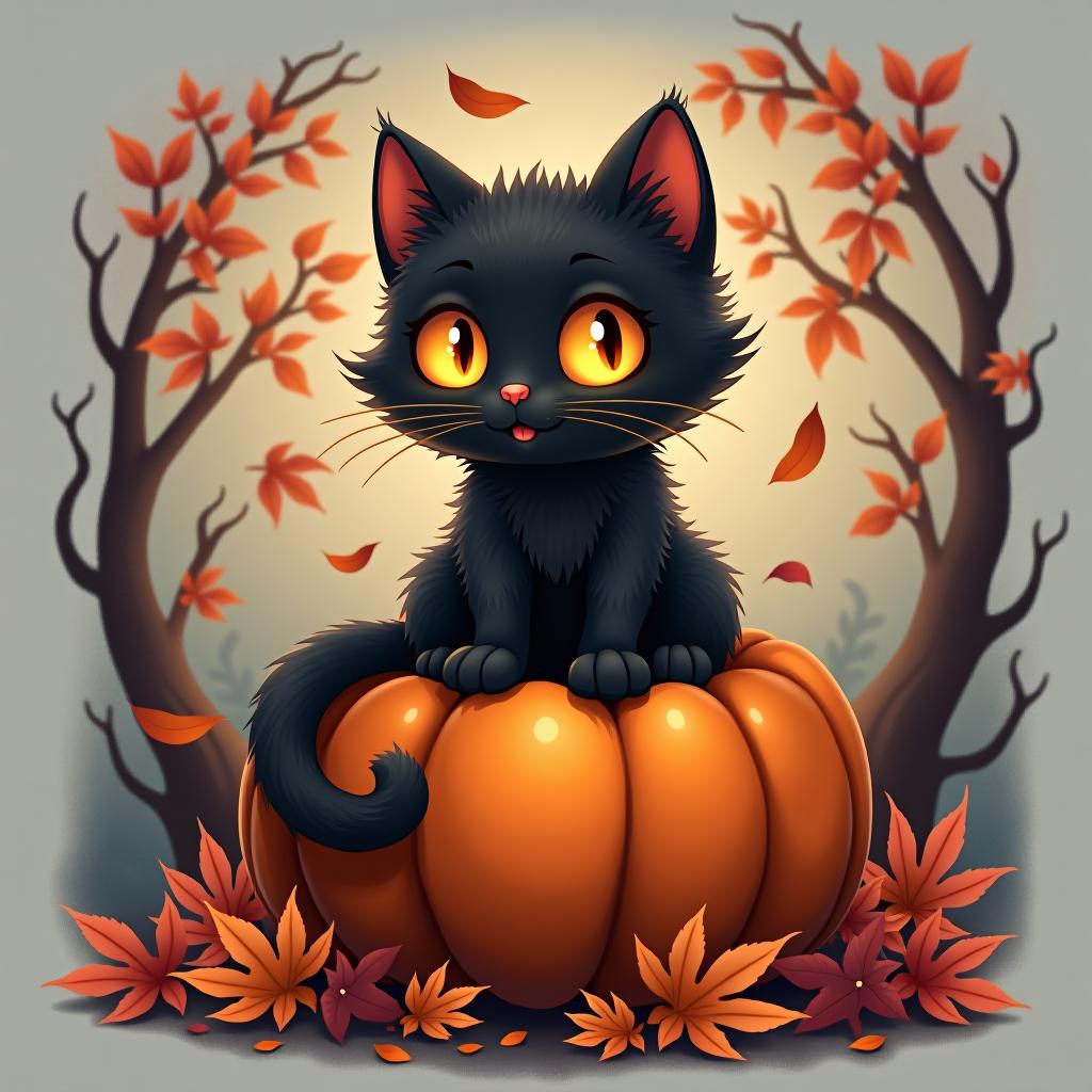  a cute black cat with glowing eyes sitting on a pumpkin, surrounded by swirling autumn leaves in a whimsical style, with warm, moody lighting. t shirt design, vector, contour, white background, no mockup hyperrealistic, full body, detailed clothing, highly detailed, cinematic lighting, stunningly beautiful, intricate, sharp focus, f/1. 8, 85mm, (centered image composition), (professionally color graded), ((bright soft diffused light)), volumetric fog, trending on instagram, trending on tumblr, HDR 4K, 8K