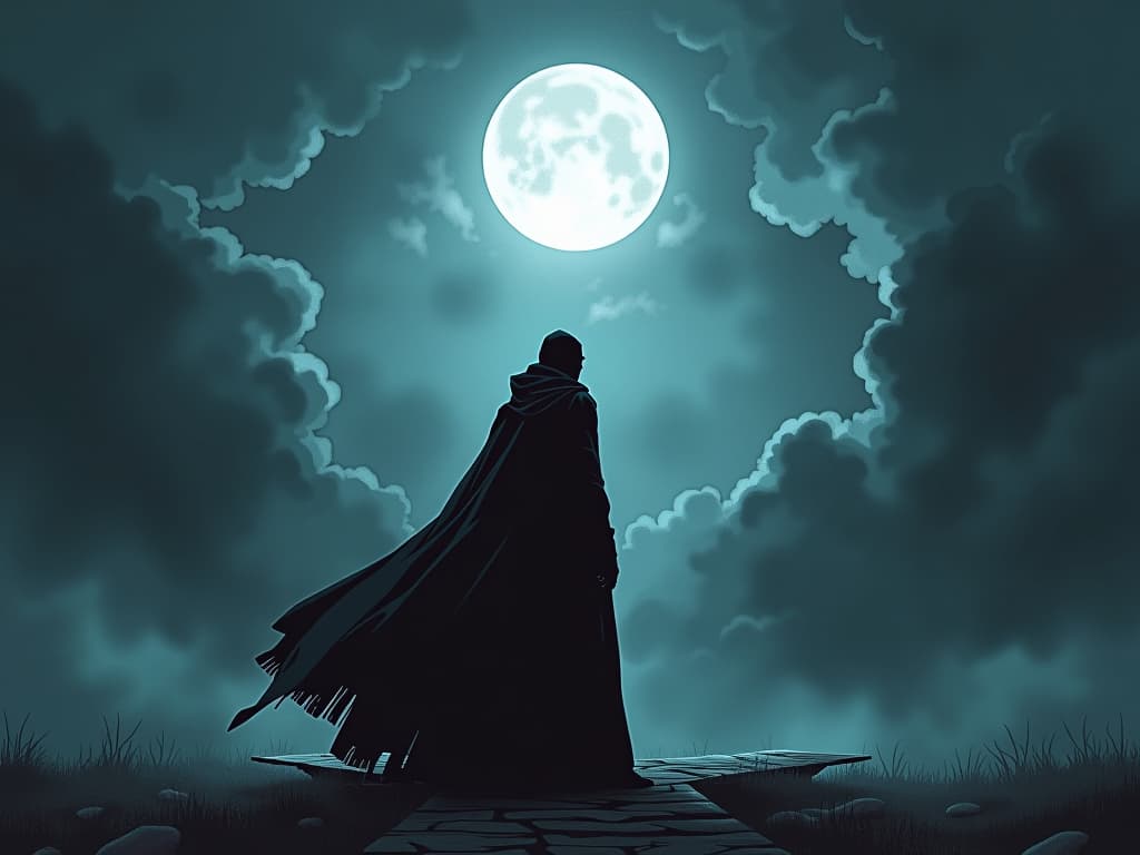  warlock standing at a crossroads, dark cloak billowing, eyes glowing with uncertainty, aura of both liberation and fear, stormy sky overhead, moonlight piercing through clouds. the style is digital art illustration / modern comic book / graphic dark novel fantasy and mysterious occult, symbolic, moody lighting, esoteric vibe,high detail on character design. for the color scheme emphasize blacks and reds.