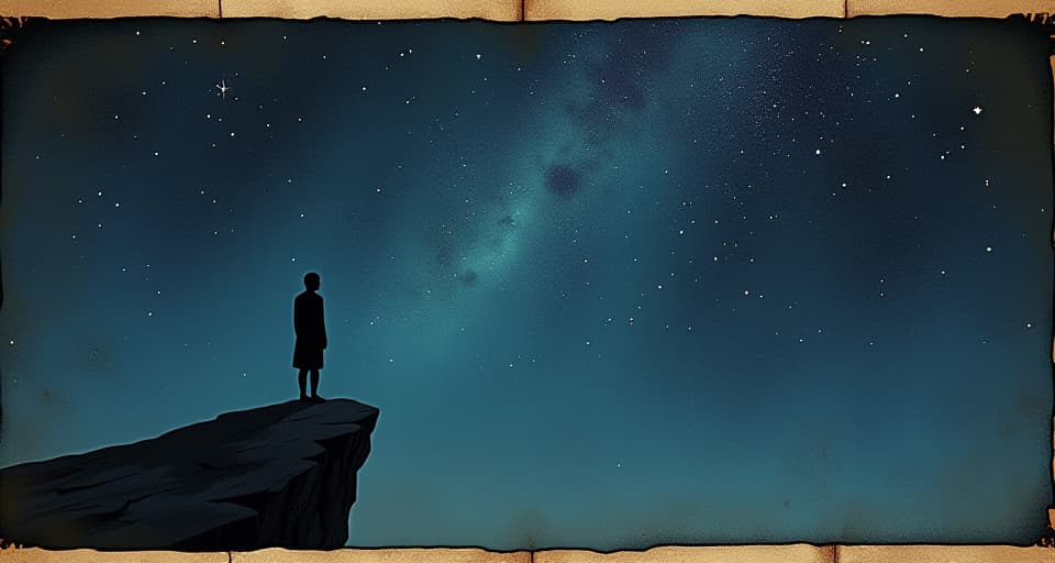  solitary figure, standing on a cliff edge, gazing out at the vast night sky filled with stars, sky painted with dark blues and purples, sense of wonder, seeking kindred spirits, longing, aspiration. an illustration in the style of a worn, mystical old tarot trump card, mysterious and elements of surrealism. the colors are muted, somber and eerie, but with contrast bring out an occult and esoteric vibe.