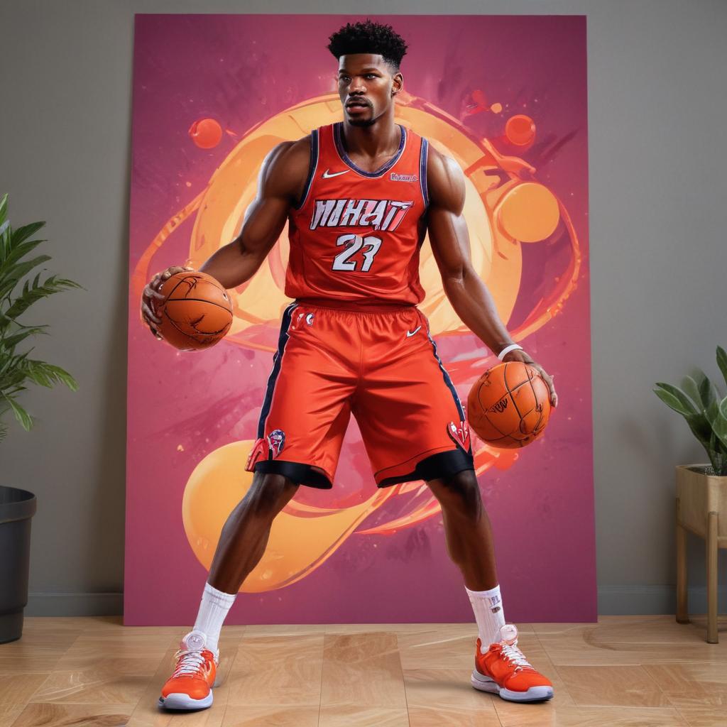 distance-shot, flashy, full-body, dynamic, holographic, animated cartoon poster of miami heat player jimmy butler in the style of dragon ball super
