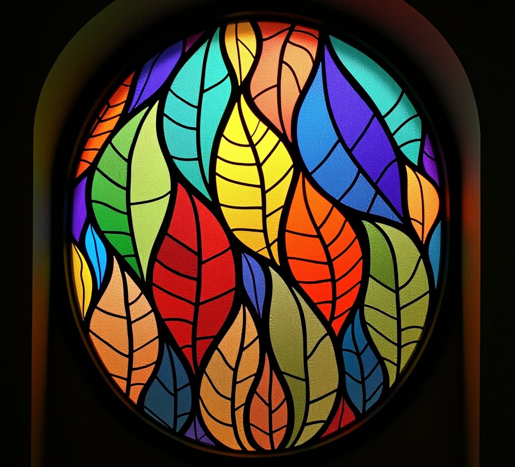  colorful abstract leaves adorning a stained glass window