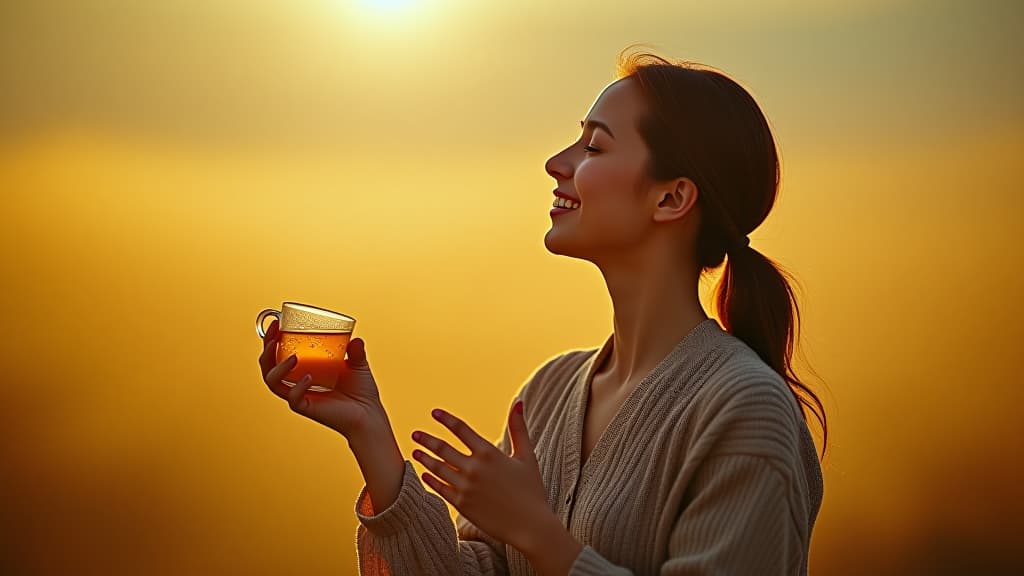  scenes about health and fitness, a person feeling light and happy after drinking clove tea, depicted with bright colors and uplifting elements in the background. hyperrealistic, full body, detailed clothing, highly detailed, cinematic lighting, stunningly beautiful, intricate, sharp focus, f/1. 8, 85mm, (centered image composition), (professionally color graded), ((bright soft diffused light)), volumetric fog, trending on instagram, trending on tumblr, HDR 4K, 8K