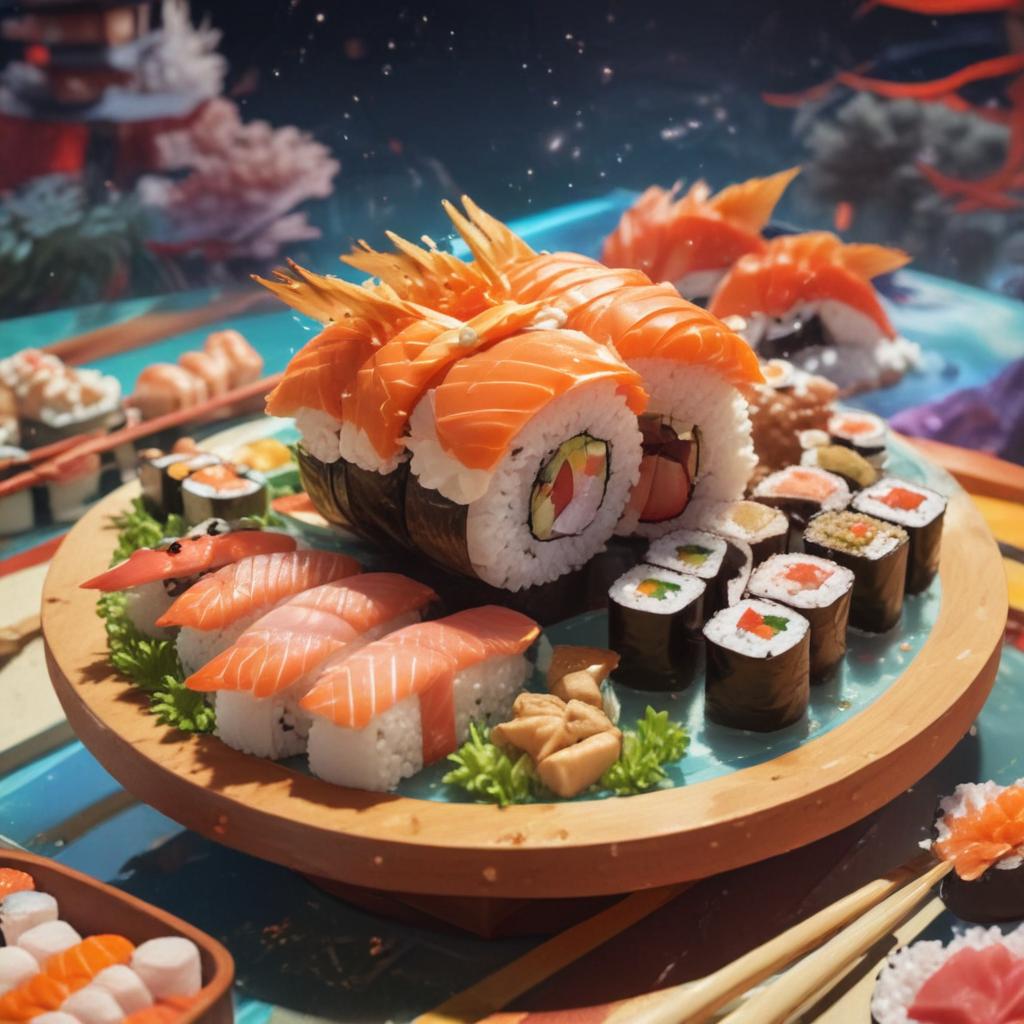 distance-shot, flashy, full-body, dynamic, holographic, animated cartoon poster of sushi scene in the style of dragon ball super