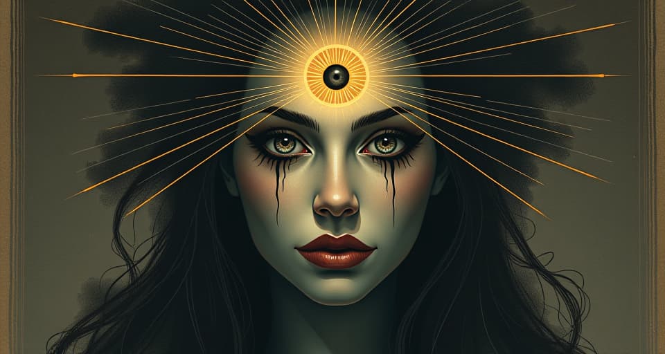  a glowing third eye on forehead, emitting light rays, piercing through shadows, divine vision. an illustration in the style of a worn, mystical old tarot trump card, mysterious and elements of surrealism. the colors are muted, somber and eerie, but with contrast bring out an occult and esoteric vibe.