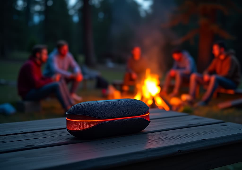  photo of a futuristic portable electric speaker placed on an outdoor camping table surrounded by people sitting around campfires in nature at night.