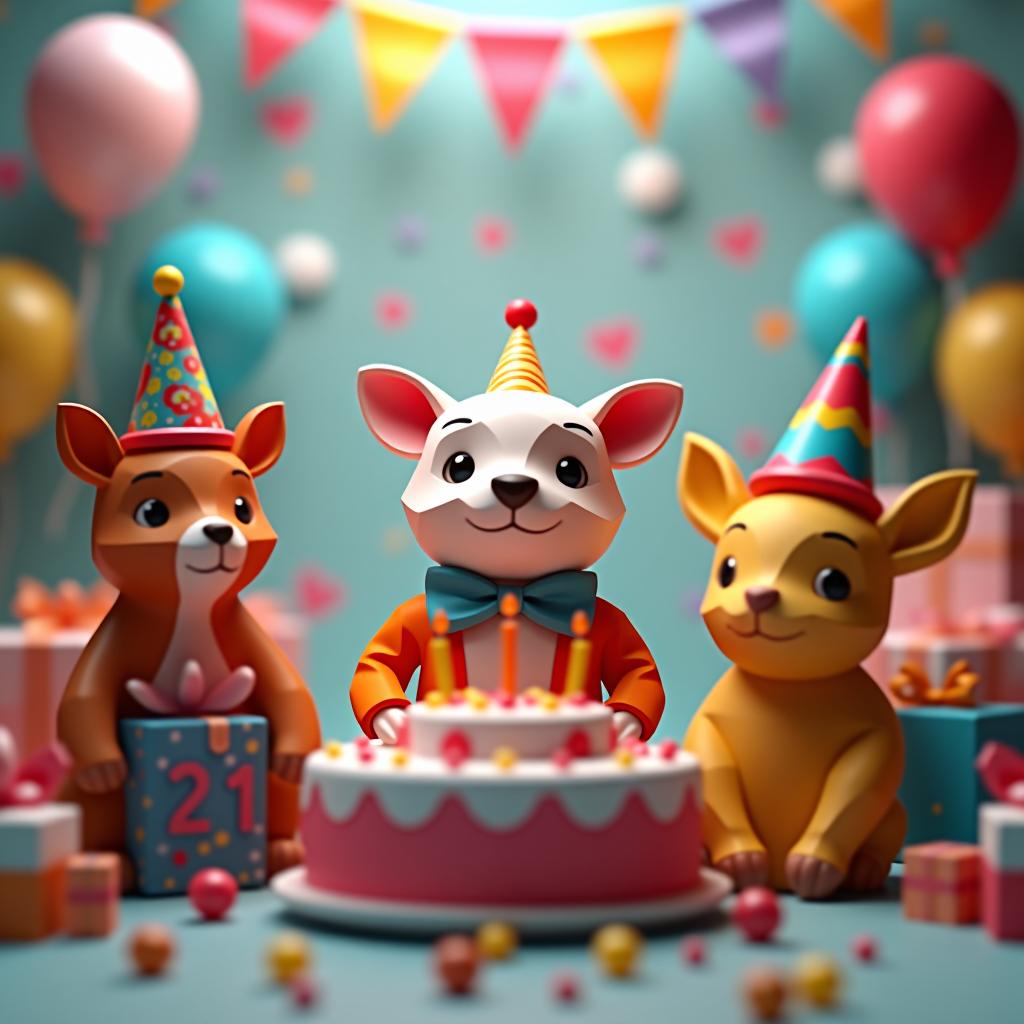  low poly 3d render of geometric animals and party elements, with "happy birthday emil!" formed by connecting vertices hyperrealistic, full body, detailed clothing, highly detailed, cinematic lighting, stunningly beautiful, intricate, sharp focus, f/1. 8, 85mm, (centered image composition), (professionally color graded), ((bright soft diffused light)), volumetric fog, trending on instagram, trending on tumblr, HDR 4K, 8K