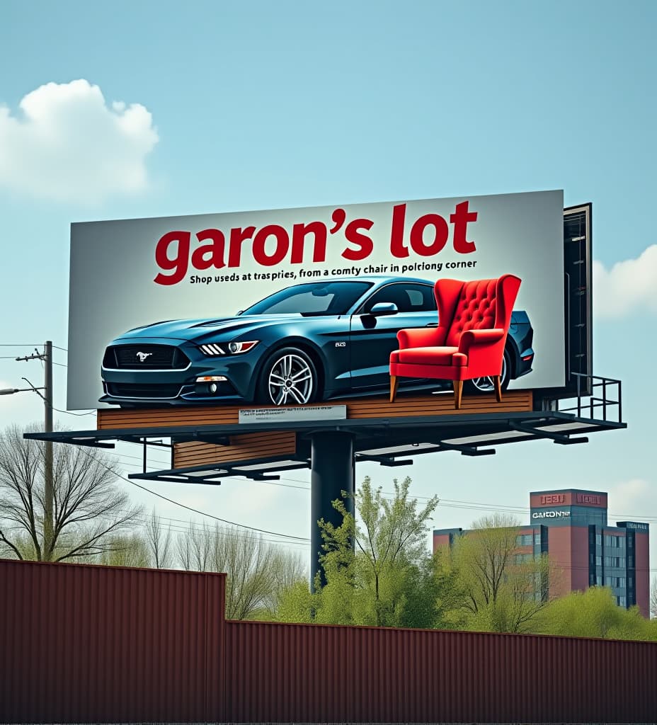  photo of a billboard in chicago, for a car dealer with a car and a chair on it and a that says "garon's lot" in big letters, and "shop used cars, at great prices, from a comfy chair in the corner"