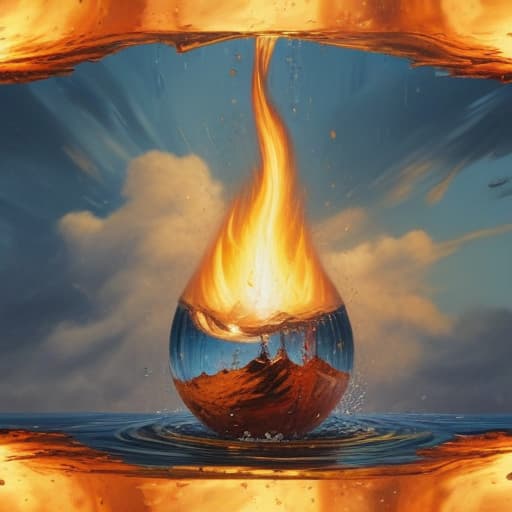 A fire within a droplet of water falling to the earth with the sky in the background in Oil painting style