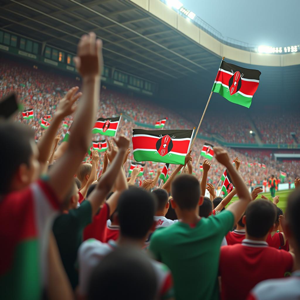  a soccer crowd in a stadium celebrating and waving kenyan flags