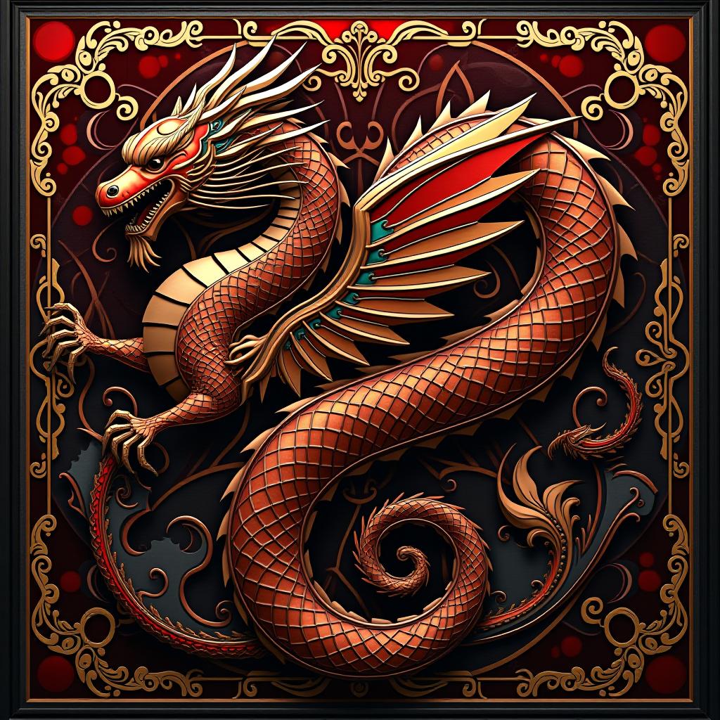  red, black, gold, filigree, cybernetic, dragon automaton, stained glass mosaic