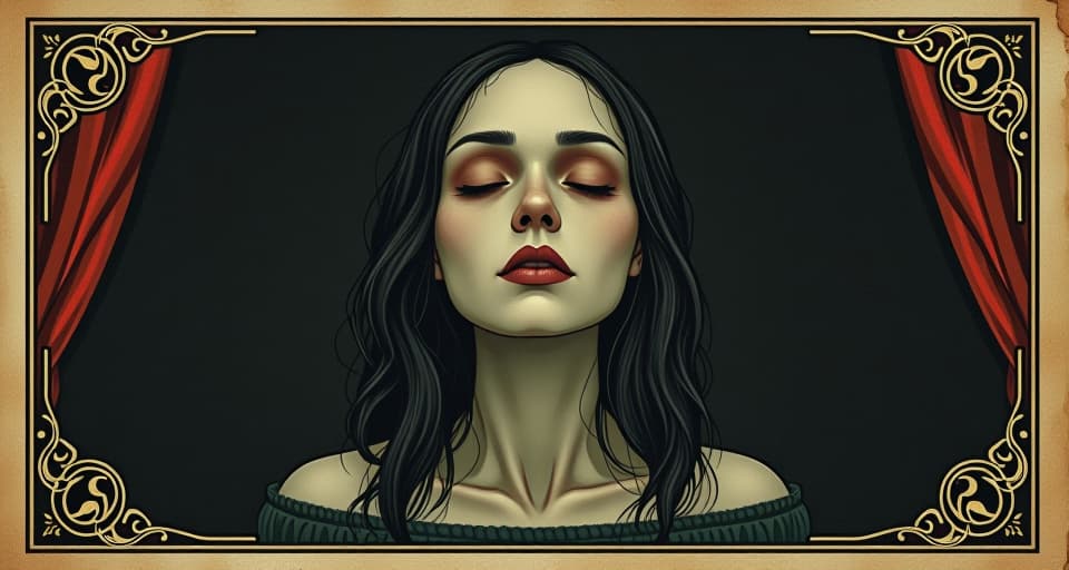  figure with closed eyes, serene expression, dark room background, shutting out distractions. an illustration in the style of a worn, mystical old tarot trump card, mysterious and elements of surrealism. the colors are muted, somber and eerie, but with contrast bring out an occult and esoteric vibe.