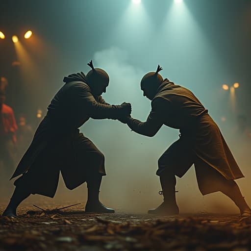  2 man fighting for food hyperrealistic, full body, detailed clothing, highly detailed, cinematic lighting, stunningly beautiful, intricate, sharp focus, f/1. 8, 85mm, (centered image composition), (professionally color graded), ((bright soft diffused light)), volumetric fog, trending on instagram, trending on tumblr, HDR 4K, 8K