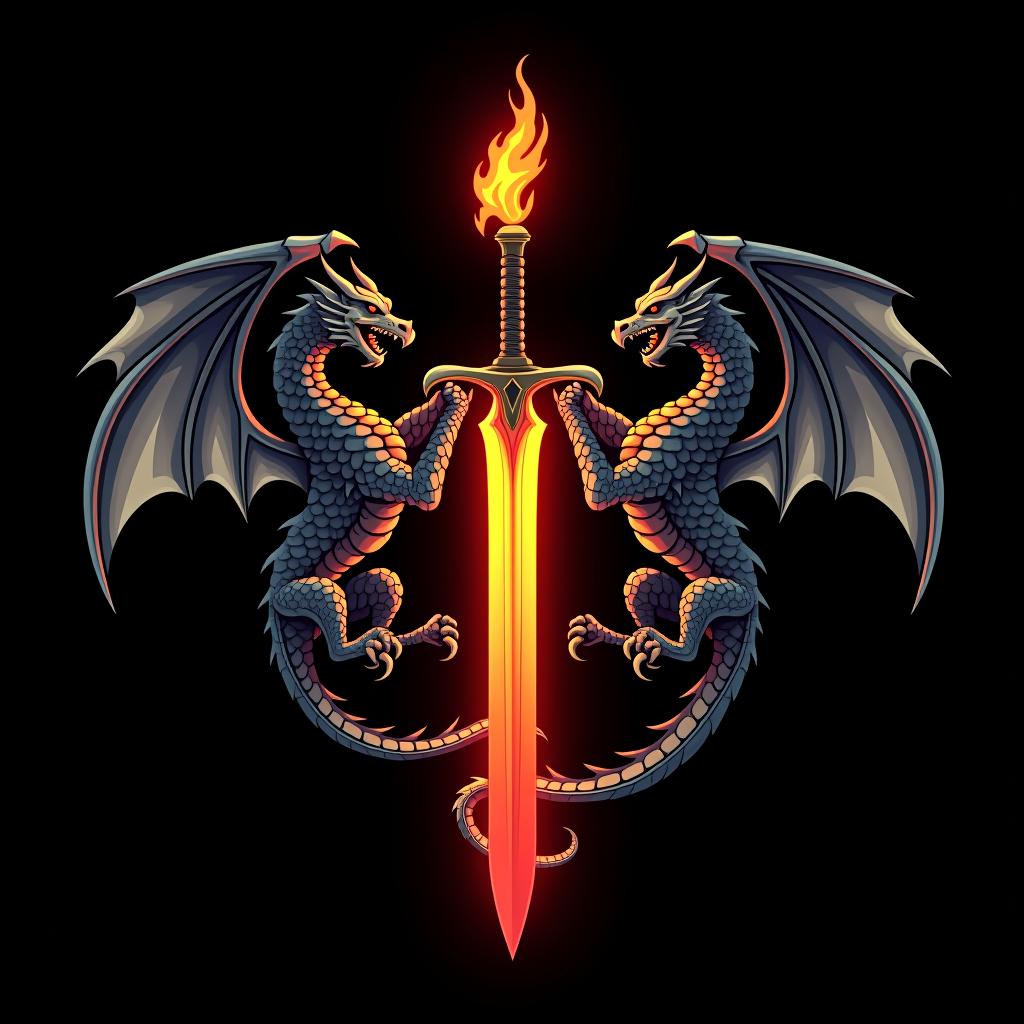  design a logo, custom sticker design on an isolated black background decorated by mythical dragons and a flaming sword