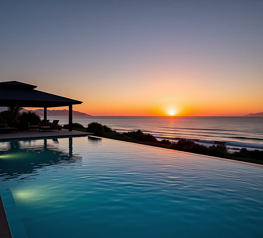  a pool with a house and a sunset