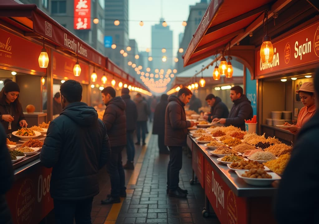  a bustling scene at a toronto food festival, showcasing a variety of food vendors offering dishes from different cultures, with people enjoying colorful tacos, dim sum, and fusion cuisine, as vibrant decorations and a lively atmosphere create a festive backdrop for the culinary experience. hyperrealistic, full body, detailed clothing, highly detailed, cinematic lighting, stunningly beautiful, intricate, sharp focus, f/1. 8, 85mm, (centered image composition), (professionally color graded), ((bright soft diffused light)), volumetric fog, trending on instagram, trending on tumblr, HDR 4K, 8K