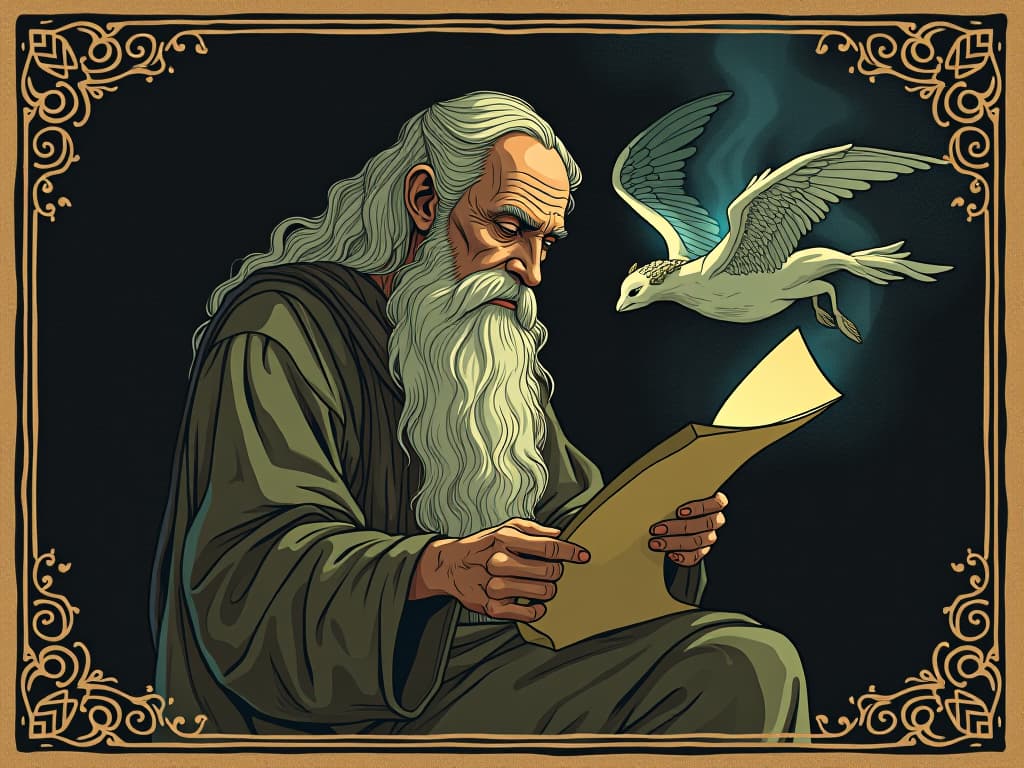  ancient philosopher with a scroll, muse whispering into his ear, ethereal light forming around them, dark backdrop, profound thought, enlightenment. an illustration in the style of a worn, mystical old tarot trump card, mysterious and elements of surrealism. the colors are muted, somber and eerie, but with contrast bring out an occult and esoteric vibe.