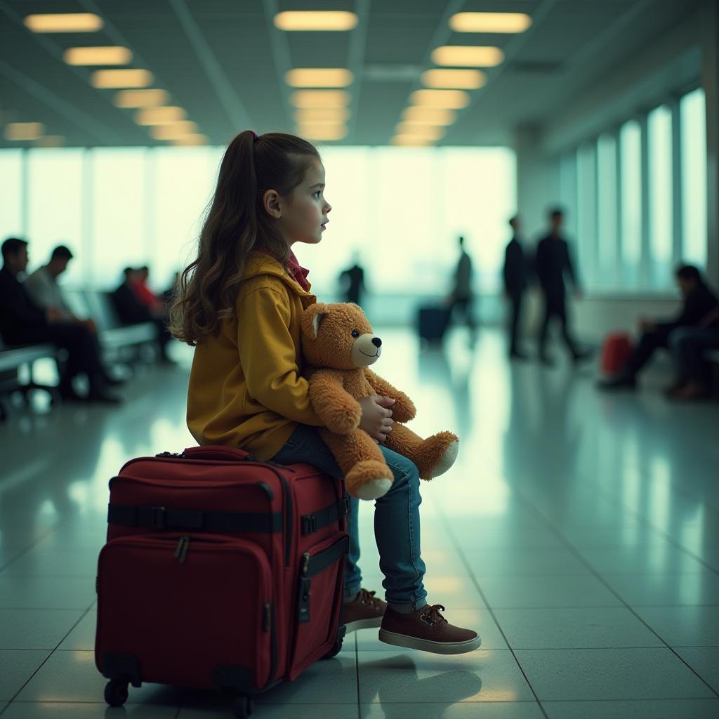  professional detailed photography, girl sitting on suitcase holding teddy bear, airport, (muted colors, dim colors, soothing tones), (vsco:0.3)