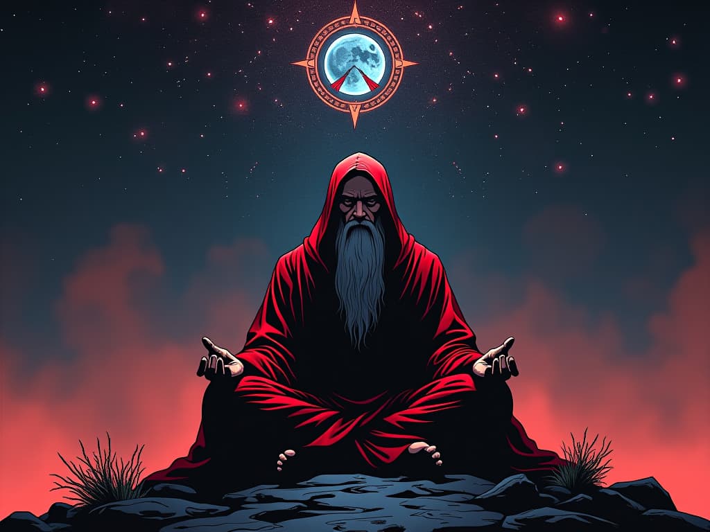  red robed sage meditating under a starry sky, surrounded by sacred symbols, atmosphere of spiritual stewardship. the style is digital art illustration / modern comic book / graphic dark novel fantasy and mysterious occult, symbolic, moody lighting, esoteric vibe,high detail on character design. for the color scheme emphasize blacks and reds.