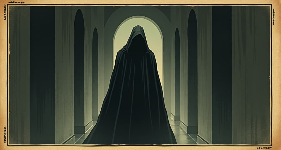  a cloaked figure, face obscured, swiftly moving through shadowed corridors, calculated, cautious, astute. an illustration in the style of a worn, mystical old tarot trump card, mysterious and elements of surrealism. the colors are muted, somber and eerie, but with contrast bring out an occult and esoteric vibe.