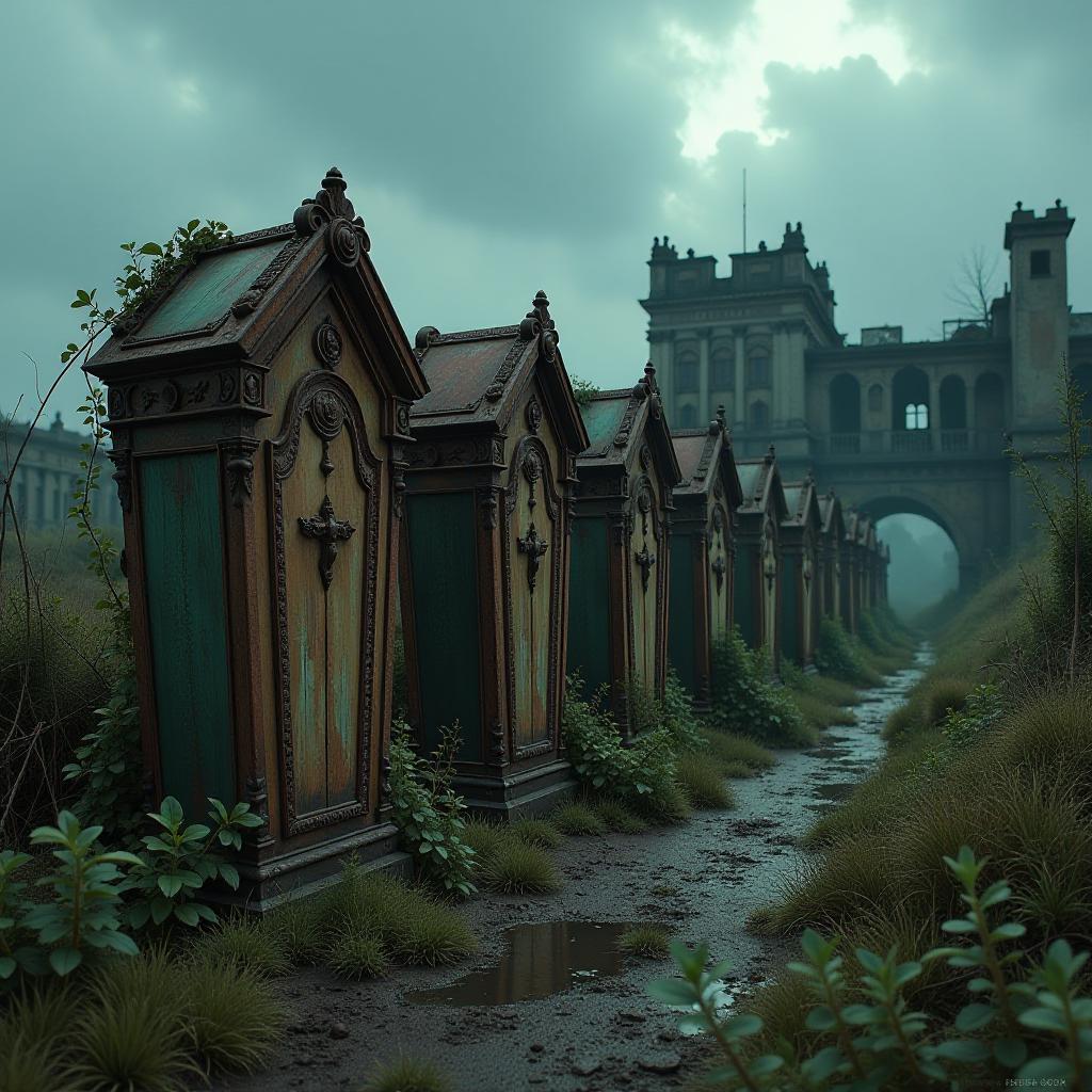  a row of ornate vampire coffins, aged and weathered, are scattered in a desolate post apocalyptic landscape. the scene is shrouded in a muted, eerie twilight, with twisted metal and crumbling buildings in the background. overgrown vegetation and vines creep around the coffins, creating an unsettling contrast between nature and the macabre. dark clouds loom overhead, casting shadows that accentuate the ominous feel of this abandoned world.