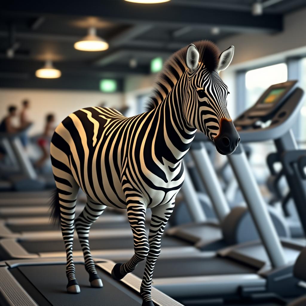  a zebra on a treadmill in a fitness club.