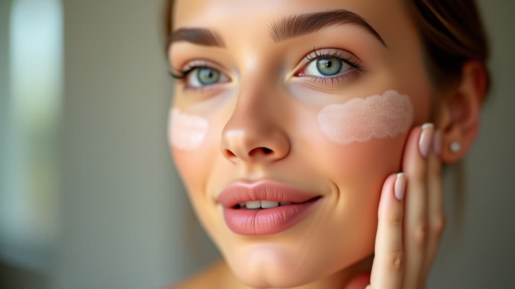  beauty close up portrait of young woman with a healthy glowing skin is applying a skincare product.