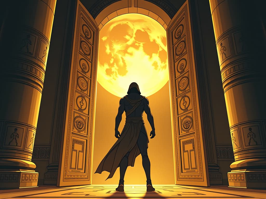  golden temple doors under the radiant full moon, symbols of potential and new beginnings engraved, large busted guardian in tight attire welcoming possibilities ahead. the style is digital art illustration / modern comic book / mysterious occult, symbolic, esoteric vibe,high detail on character design, incorporating ancient egyptian symbology and attire.