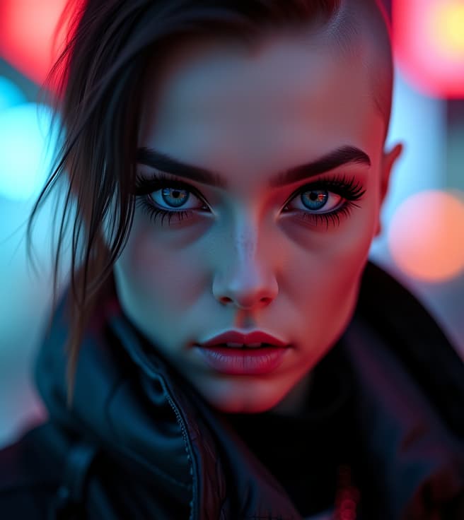  ultra realistic close up portrait ((beautiful pale cyberpunk female with heavy black eyeliner)), blue eyes, shaved side haircut, hyper detail, cinematic lighting, magic neon, dark red city, canon eos r3, nikon, f/1.4, iso 200, 1/160s, 8k, raw, unedited, symmetrical balance, in frame, 8k hyperrealistic, full body, detailed clothing, highly detailed, cinematic lighting, stunningly beautiful, intricate, sharp focus, f/1. 8, 85mm, (centered image composition), (professionally color graded), ((bright soft diffused light)), volumetric fog, trending on instagram, trending on tumblr, HDR 4K, 8K