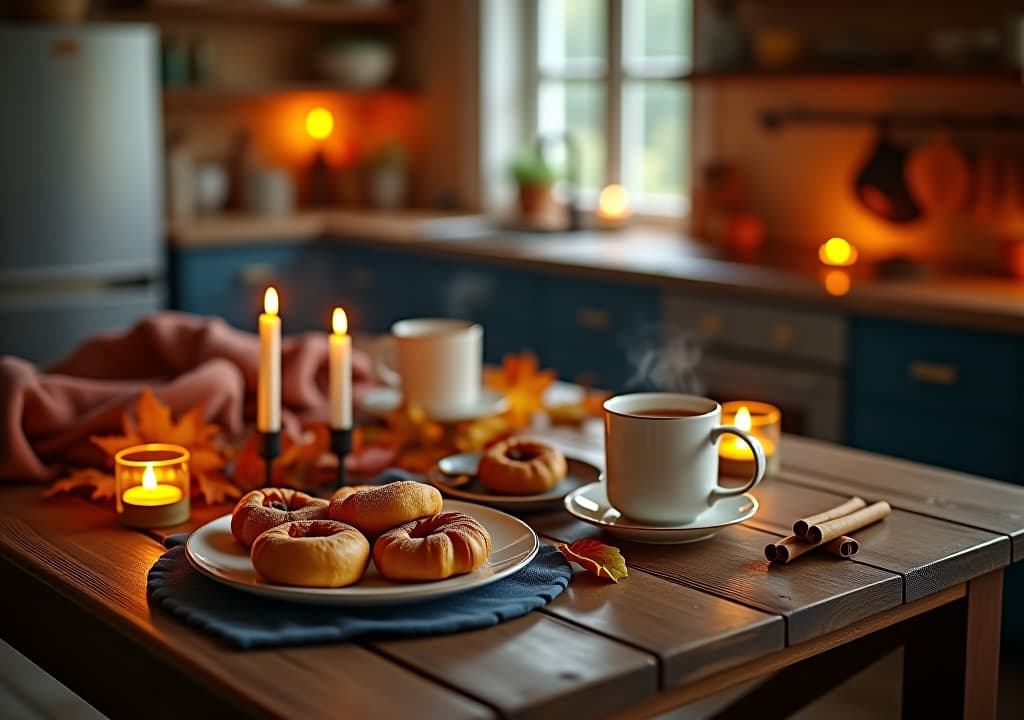  a cozy kitchen scene with a rustic wooden table adorned with cinnamon sticks, warm pastries, and steaming mugs of spiced tea, surrounded by glowing candles, soft blankets, and vibrant autumn leaves. hyperrealistic, full body, detailed clothing, highly detailed, cinematic lighting, stunningly beautiful, intricate, sharp focus, f/1. 8, 85mm, (centered image composition), (professionally color graded), ((bright soft diffused light)), volumetric fog, trending on instagram, trending on tumblr, HDR 4K, 8K