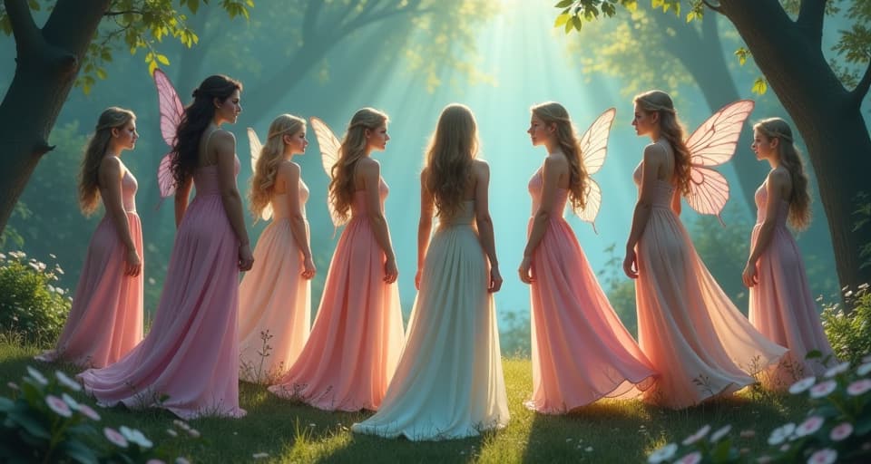  a group of fairies in flowing, iridescent gowns standing in a mystical glade, their faces reflecting unease. soft, shimmering light, ethereal tension.. the style is digital art illustration,highly detailed, whimsical,magical, dreamlike atmosphere, realism and fantasy blend, smooth, glossy textures,luminous quality, wonder and enchantment.