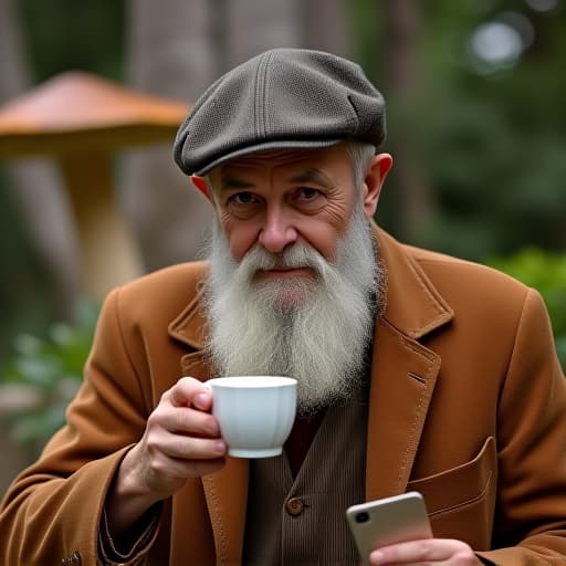  photo of a handosome balkan man having a coffee outside with a gian mushroom at the background