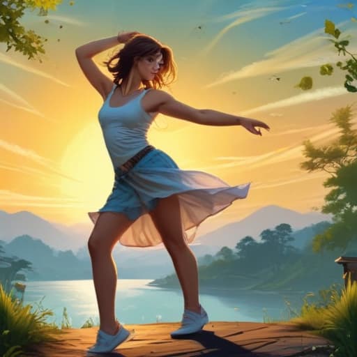 Beautiful dancing girl in Comic Art style with Nature background