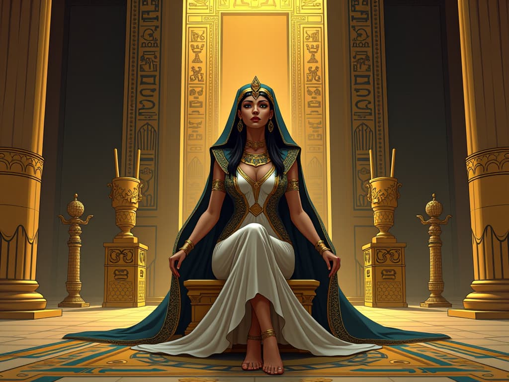  an elaborately dressed priestess, large busted and in a form fitting ceremonial gown, sitting alone in an ancient egyptian temple, surrounded by golden artifacts and hieroglyphs, her face reflecting serene, contemplative withdrawal.. the style is digital art illustration / modern comic book / mysterious occult, symbolic, esoteric vibe,high detail on character design, incorporating ancient egyptian symbology and attire.