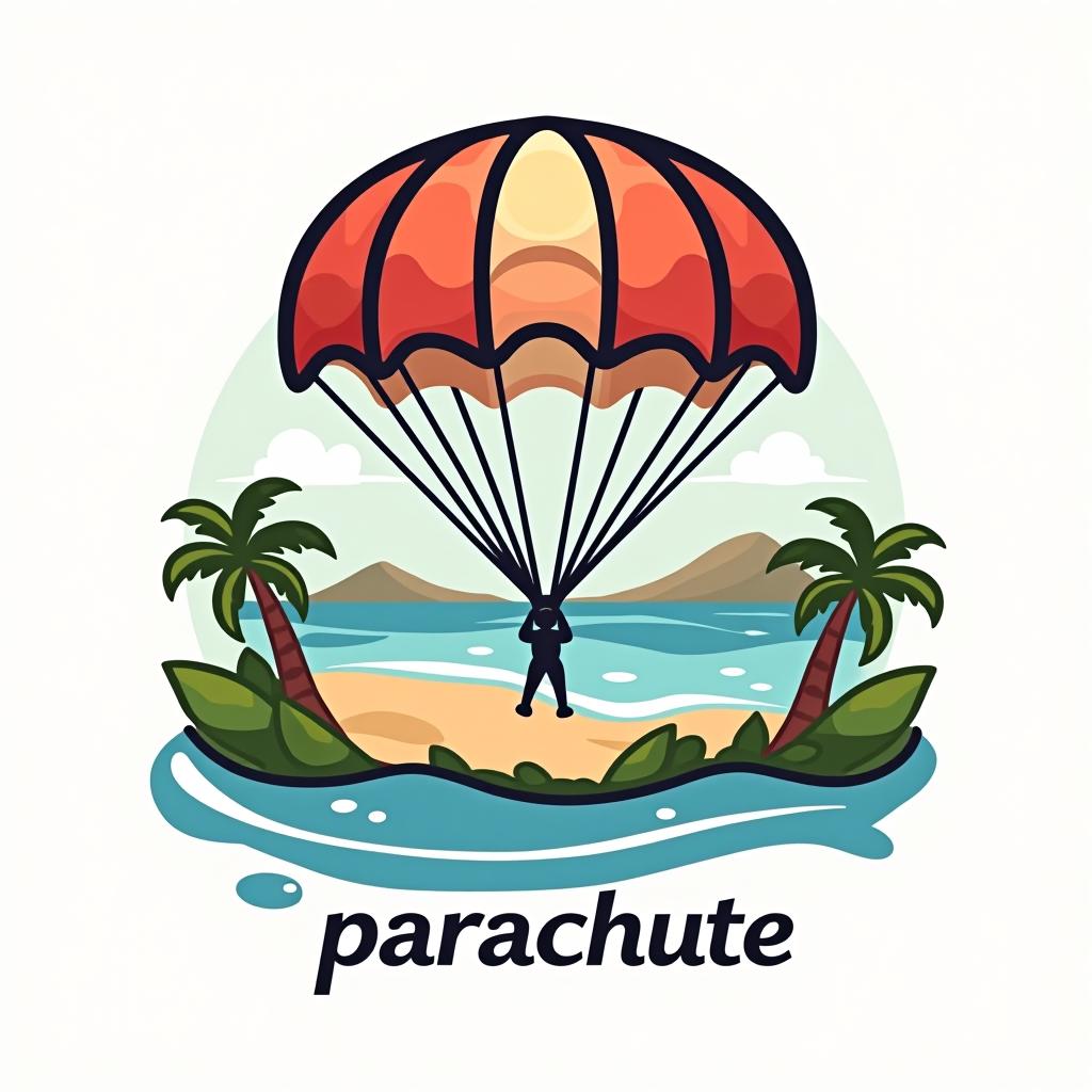  design a logo, logo pour une application de location de parachute et dans le logo il ya la plage, with the text 'parachute'.