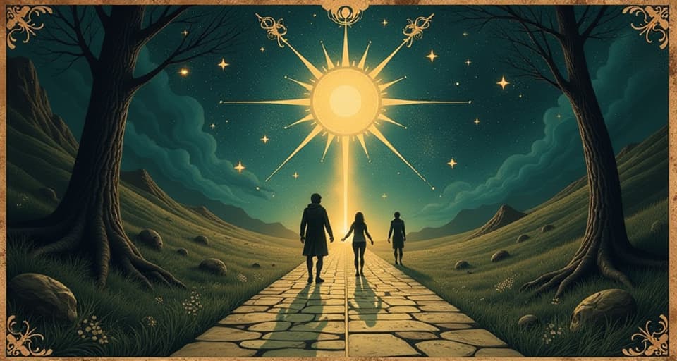  a path illuminated by glowing symbols, figures walking towards the light, cosmic ambiance, guided journey, destiny. an illustration in the style of a worn, mystical old tarot trump card, mysterious and elements of surrealism. the colors are muted, somber and eerie, but with contrast bring out an occult and esoteric vibe.