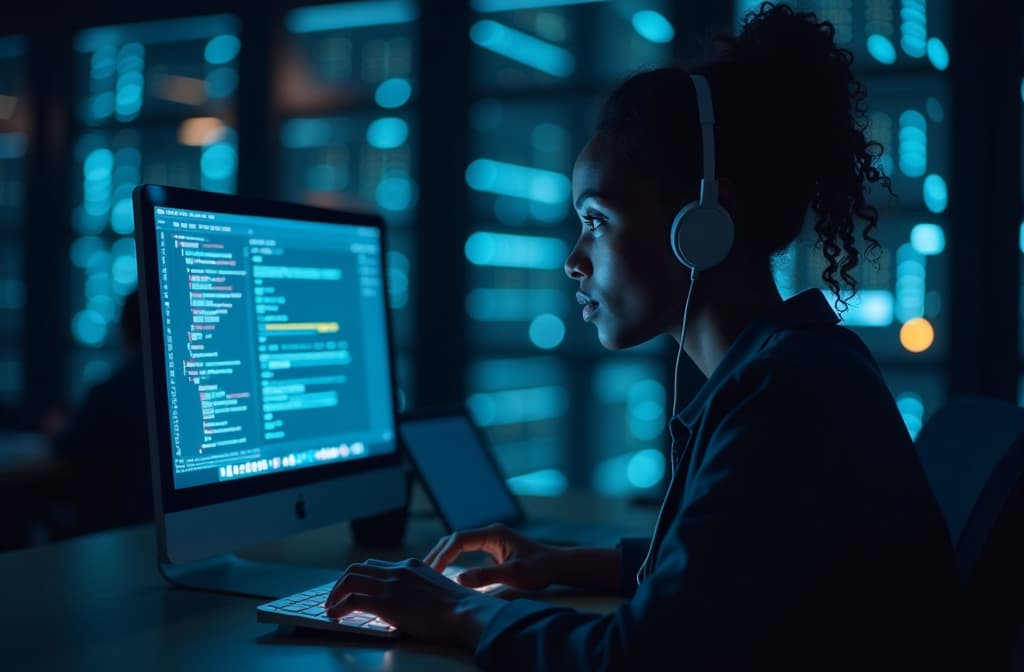  professional detailed photography, black female cybersecurity analyst analyzing ai cyber threats on computer in dark tech office data center. blue lighting. african american it professional ethical hacking ar 3:2, (muted colors, dim colors, soothing tones), (vsco:0.3)