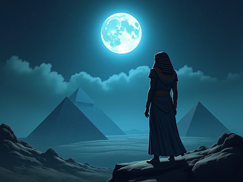  full moon illuminating the night sky, ethereal glow, casting a silver sheen over an ancient egyptian landscape, pyramids in silhouette, mystical ambiance. the style is digital art illustration / modern comic book / mysterious occult, symbolic, esoteric vibe,high detail on character design, incorporating ancient egyptian symbology and attire.