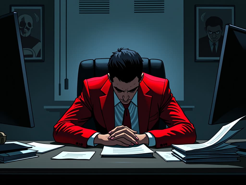  colleague in red suit, slumped at a modern desk, scattered papers, eyes downcast, dark office room, mood of scrutiny and regret. the style is digital art illustration / modern comic book / graphic dark novel fantasy and mysterious occult, symbolic, moody lighting, esoteric vibe,high detail on character design. for the color scheme emphasize blacks and reds.