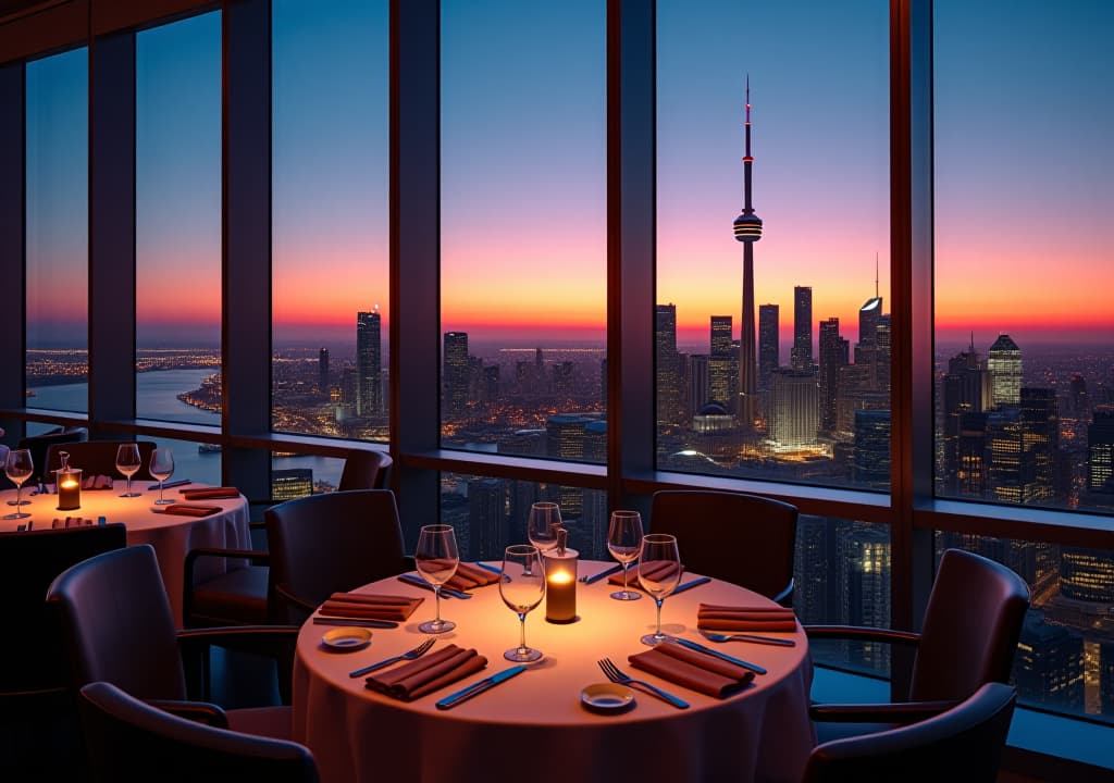  a panoramic view of toronto's skyline at sunset from inside the 360 restaurant at the cn tower, with elegant table settings in the foreground and the city lights beginning to twinkle in the background., in the style of pixel art hyperrealistic, full body, detailed clothing, highly detailed, cinematic lighting, stunningly beautiful, intricate, sharp focus, f/1. 8, 85mm, (centered image composition), (professionally color graded), ((bright soft diffused light)), volumetric fog, trending on instagram, trending on tumblr, HDR 4K, 8K