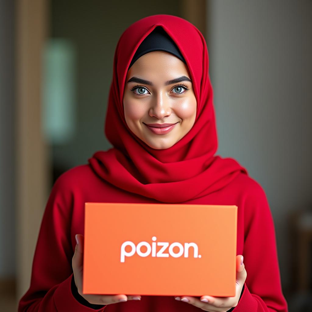  a muslim woman with blue eyes in red holding a box from the poizon website.