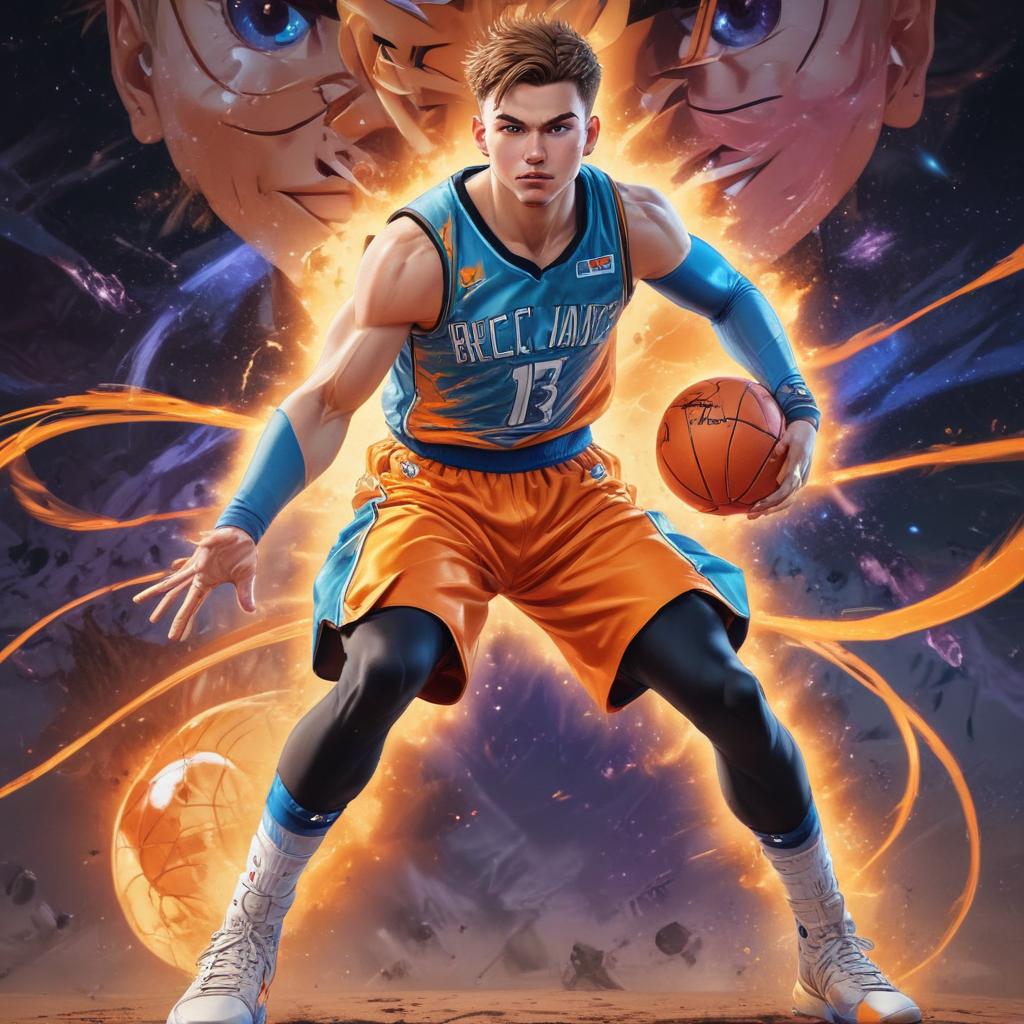 distance-shot, flashy, full-body, dynamic, holographic, animated cartoon poster of luka doncic in the style of dragon ball super