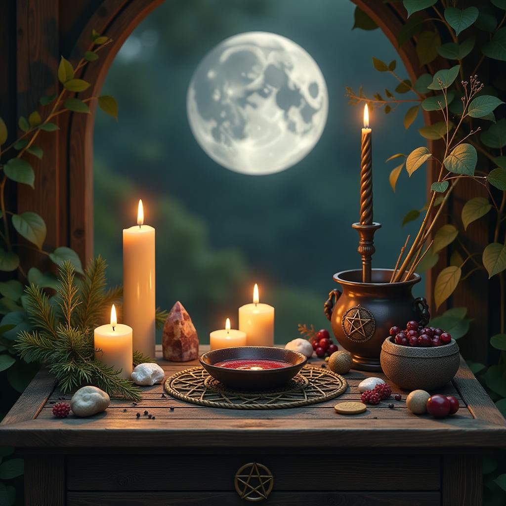  a serene wiccan altar adorned with natural elements. the scene features a richly detailed wooden table surrounded by candles, crystals, and herbs. in the background, a softly glowing full moon casts a silvery light across the space. intricate symbols and artifacts, such as a pentacle and a cauldron, enhance the mystical atmosphere. the hyper realistic style captures every texture, from the flickering candle flames to the delicate leaves, inviting a sense of tranquility and reverence.