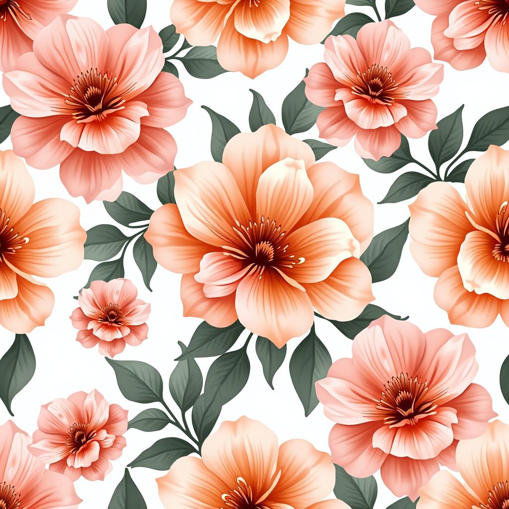  create a seamless digital design featuring a pattern of large, beautiful flowers with soft, watercolor like effects. the flowers should cover the entire surface, creating a bold, elegant, and continuous look. the overall style should be light and airy, with delicate leaves and petals to enhance the natural, floral theme. the design should be seamless to ensure it can be used in repeating patterns or wraps.